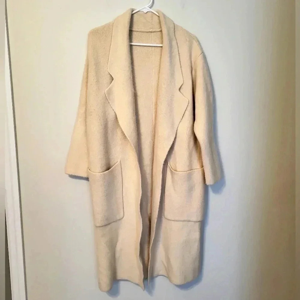 Unbranded Open Front Thick Soft Neutral Color Minimalist Midi Length Coat